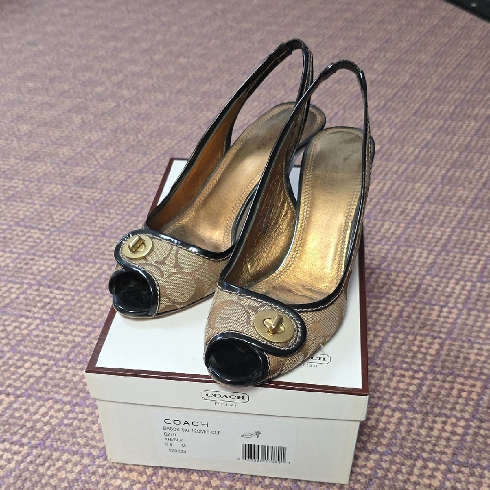 Authentic Coach Women's Tan and Black Peep Toe Heels